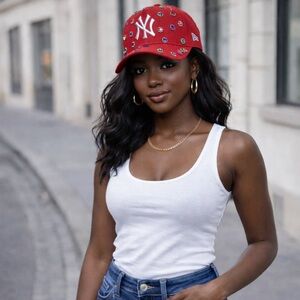 Custom Rhinestone New Era NY Yankees 9FORTY Red SnapBack Baseball Cap